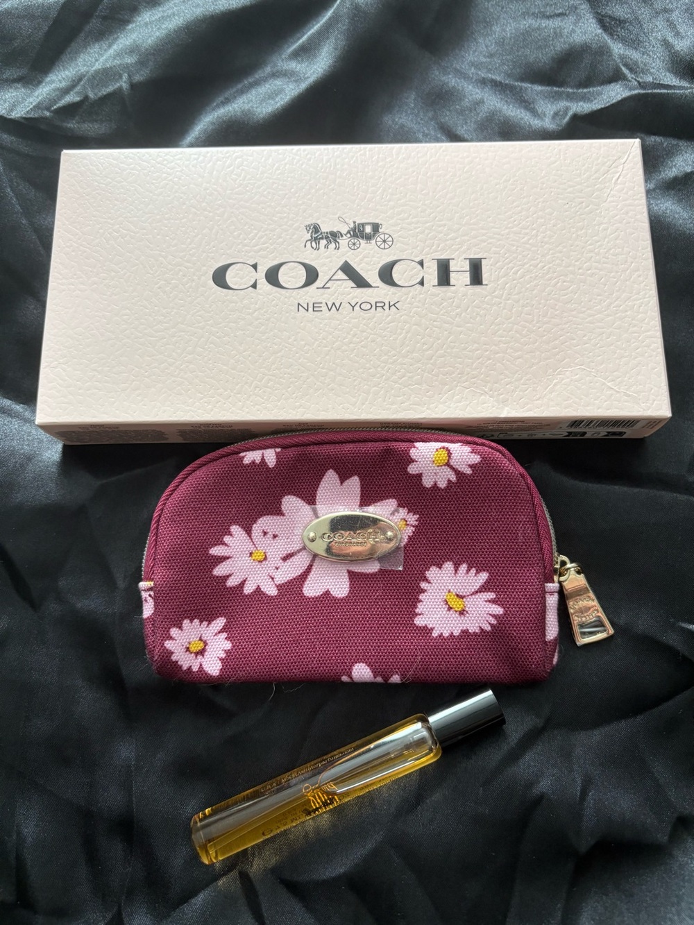 Coach Plum Cosmetic Pouch with Pink Daisy Print & Coach Gold Spray Perfume
